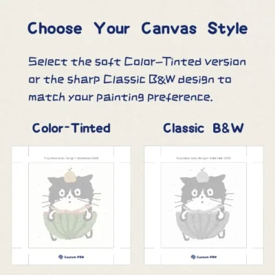 Customizable paint by numbers canvas options, soft color-tinted or sharp classic black and white outline design