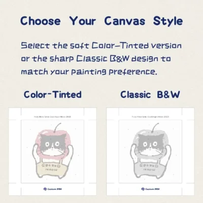 Comparing soft color-tinted and sharp classic black and white canvas styles for the cat apple painting kit