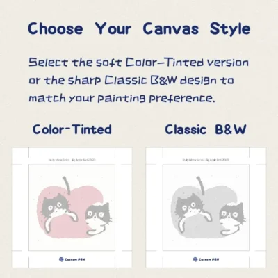 Select soft color-tinted or classic black and white canvas for the 8x8 cat apple mini painting kit