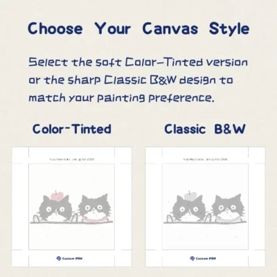 Select between soft color-tinted or sharp classic black and white canvas styles for the 8x8 mini paint kit.