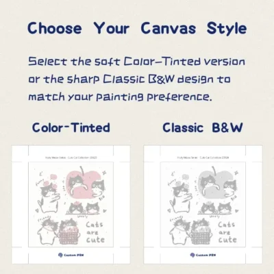 Select soft color-tinted or classic black and white canvas style for the cute cat mini paint by numbers.