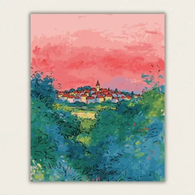 Church tower village under a rose coloured sky paint by numbers finished canvas