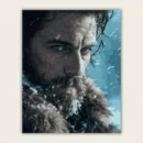 Close up portrait of a bearded man with blue eyes in a snowstorm paint by numbers finished canvas