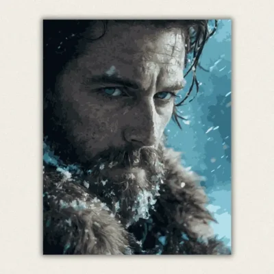 Close up portrait of a bearded man with blue eyes in a snowstorm paint by numbers finished canvas