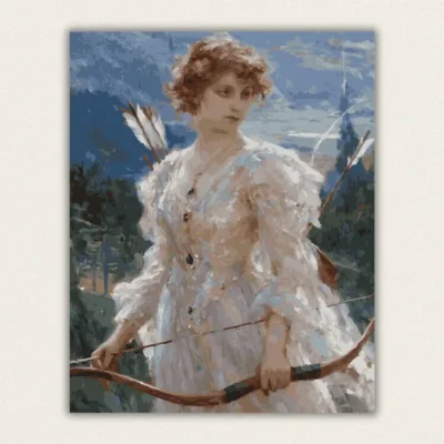 Classical oil painting of a young woman in a white gown holding a longbow and arrows paint by numbers finished canvas