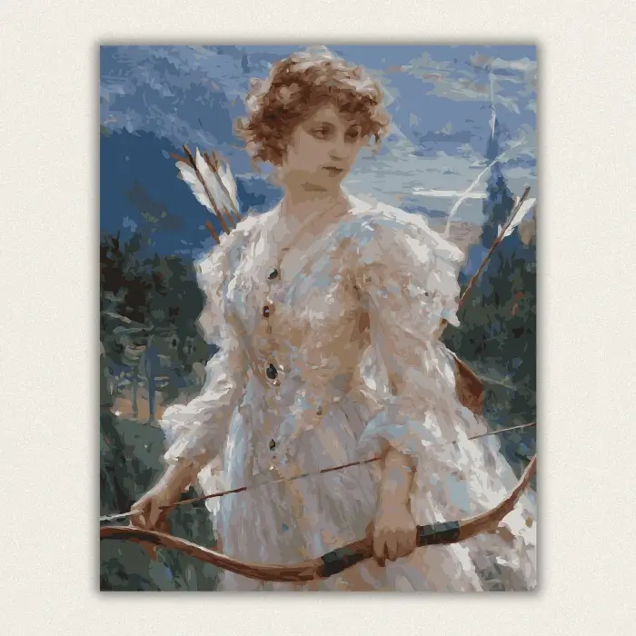 Classical oil painting of a young woman in a white gown holding a longbow and arrows paint by numbers finished canvas