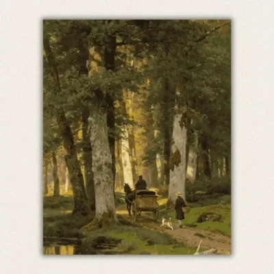 Classical oil painting of a forest path with a horse drawn cart a boy and a dog paint by numbers finished canvas