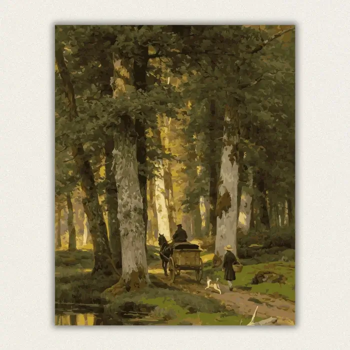 Classical oil painting of a forest path with a horse drawn cart a boy and a dog paint by numbers finished canvas