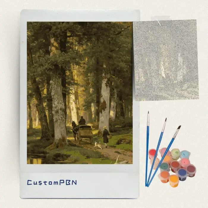 Classical forest path paint by numbers kit with canvas, three brushes, paints and reference sheet