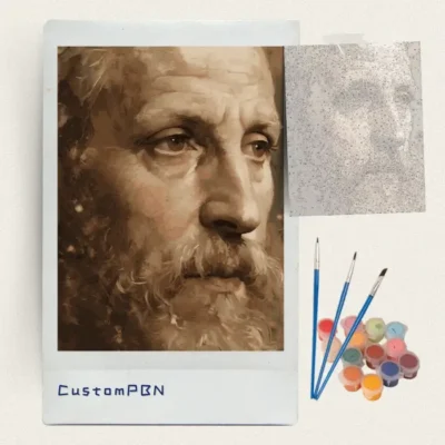 Classical portrait paint by numbers kit with canvas, three brushes, paints and reference sheet