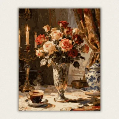 Classical roses in a crystal vase with candelabra and blue porcelain paint by numbers finished canvas