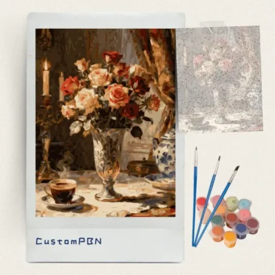 Classical roses still life paint by numbers kit with canvas, three brushes, paints and reference sheet