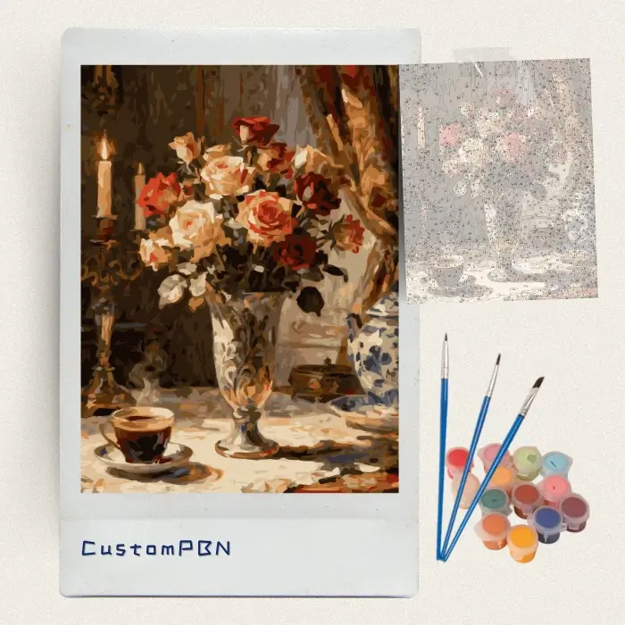 Classical roses still life paint by numbers kit with canvas, three brushes, paints and reference sheet