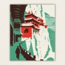 Silkscreen style cliffside temple in red and teal with a lone climber on stone steps paint by numbers finished canvas