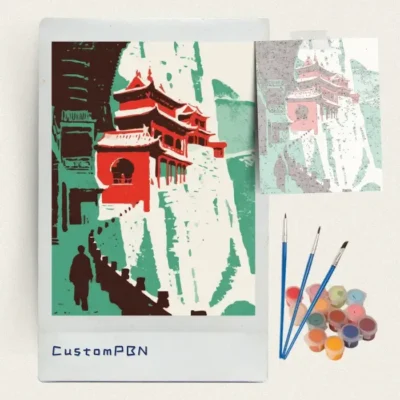 Cliffside temple paint by numbers kit with canvas, three brushes, paints and reference sheet