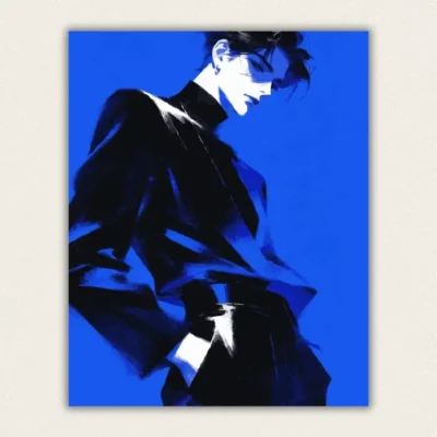 Stylish figure in a black suit against a flat cobalt blue background paint by numbers finished canvas