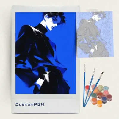 Cobalt blue fashion portrait paint by numbers kit with canvas, three brushes, paints and reference sheet