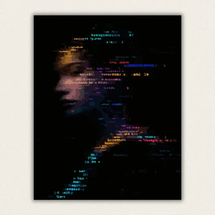 Dark code rain side profile of a woman paint by numbers canvas with glowing data text