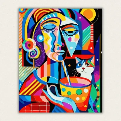 Colourful cubist woman with a white cat and a patterned cup paint by numbers finished canvas