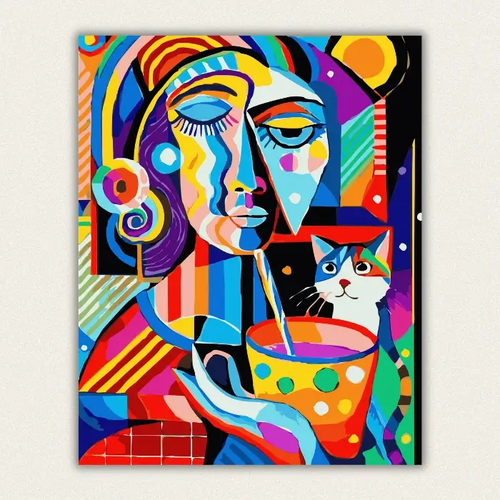 Colourful cubist woman with a white cat and a patterned cup paint by numbers finished canvas