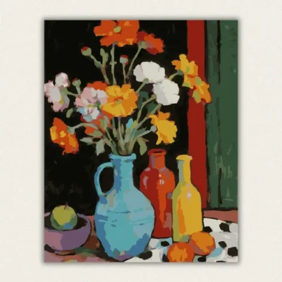 Colourful flowers in a blue jug with bottles and fruit still life paint by numbers finished canvas