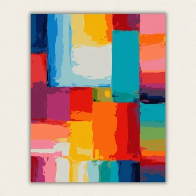Colour block grid in warm and cool tones paint by numbers finished canvas