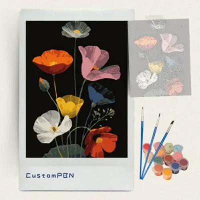 Colourful poppies paint by numbers kit with canvas, three brushes, paints and reference sheet