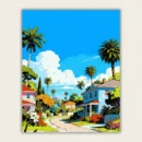 Bright comic style California suburb with palm trees and colourful houses paint by numbers finished canvas