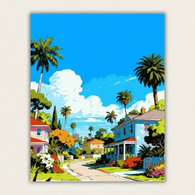 Bright comic style California suburb with palm trees and colourful houses paint by numbers finished canvas
