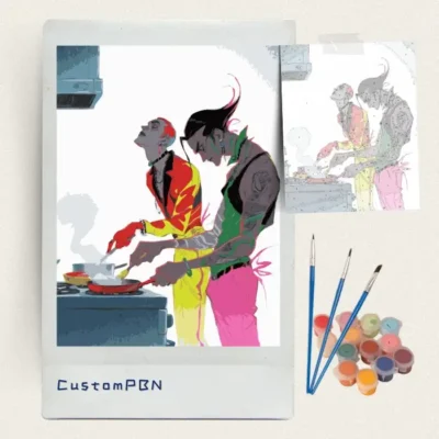 Pop art kitchen cooking scene paint by numbers kit with canvas, three brushes, paints and reference sheet