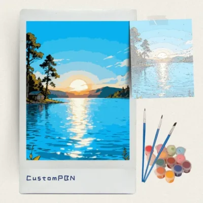 Comic lake sunset cabin paint by numbers kit with canvas, three brushes, paints and reference sheet