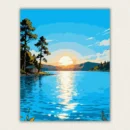 Comic style lakeside sunset with a wooden cabin and tall pine trees paint by numbers finished canvas