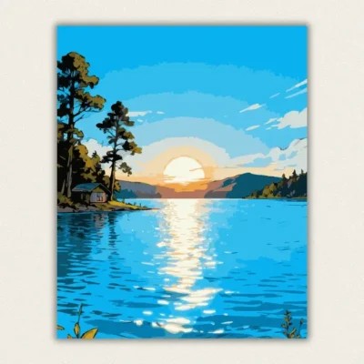 Comic style lakeside sunset with a wooden cabin and tall pine trees paint by numbers finished canvas