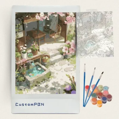 Complete courtyard paint by numbers kit contents including canvas, paints, and brushes, made in USA.