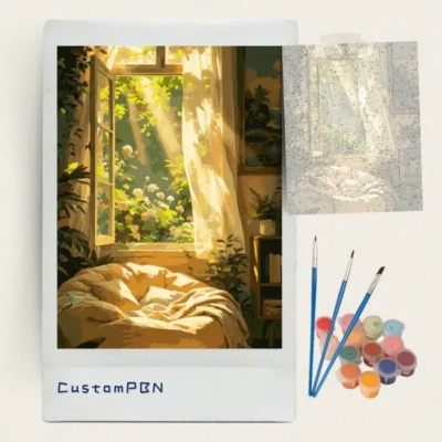 Complete cozy corner paint by numbers kit contents including canvas, paints, and brushes, made in USA.