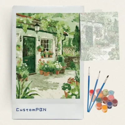 Complete garden paint by numbers kit contents including canvas, paints, and brushes, made in USA.
