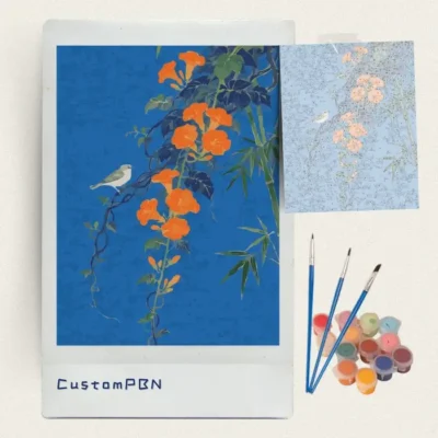 Complete orange vine paint by numbers kit contents including canvas, paints, and brushes, made in USA.
