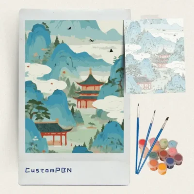 Complete oriental mountain paint by numbers kit contents including canvas, paints, and brushes, made in USA.