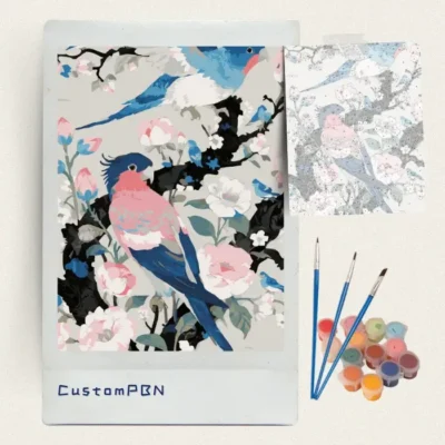 Complete pastel birds paint by numbers kit contents including canvas, paints, and brushes, made in USA.