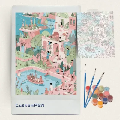 Complete pastel lagoon paint by numbers kit contents including canvas, paints, and brushes, packaged in USA.