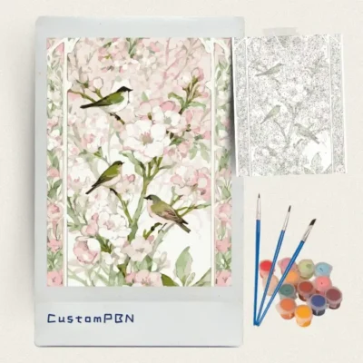 Complete pink blossom paint by numbers kit contents including canvas, paints, and brushes, made in USA.