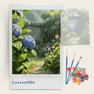 Complete rainy garden paint by numbers kit contents including canvas, paint pots, and brushes, made in USA.