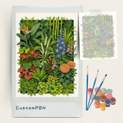 Complete tropical botanical paint by numbers kit contents including canvas, paints, and brushes, made in USA.