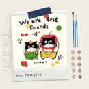 Finished 8x8 mini paint by numbers artwork of two cute cats wearing fruit costumes, with text "We are Best Friends", displayed with acrylic paint pots and brushes.