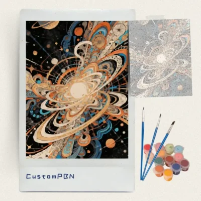 Cosmic mandala paint by numbers kit with canvas, three brushes, paints and reference sheet