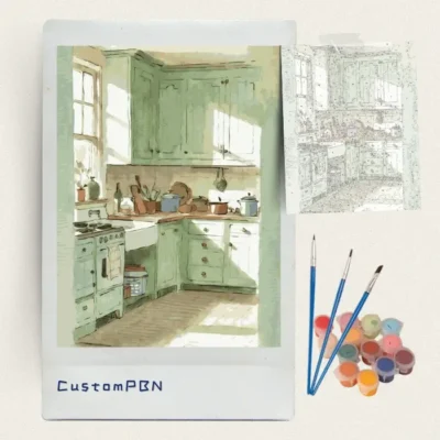 Green country kitchen paint by numbers kit with canvas, three brushes, paints and reference sheet