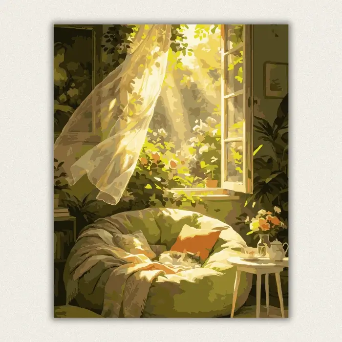 Cozy cat sleeping by a sunlit window paint by numbers canvas