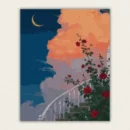 Crescent moon above roses on a white staircase paint by numbers finished canvas