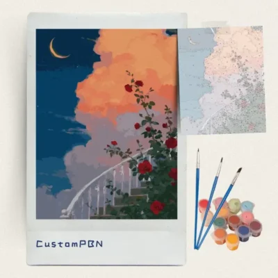 Crescent moon and roses staircase paint by numbers kit with brushes and paints