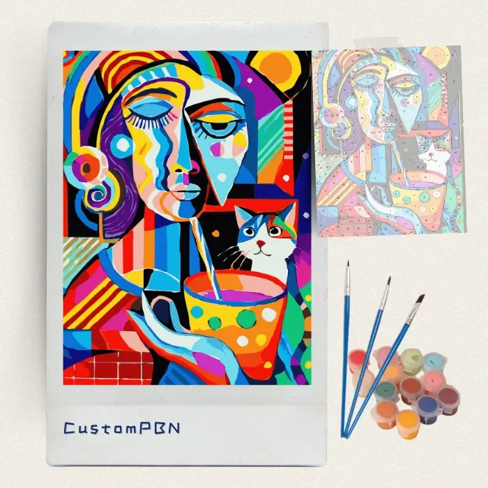 Cubist woman cat and cup paint by numbers kit with canvas, three brushes, paints and reference sheet